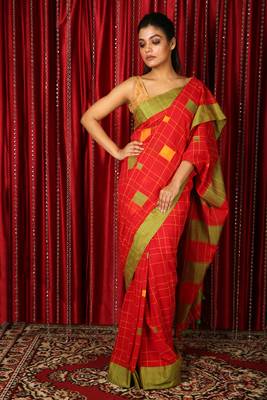Red woven blended cotton saree with blouse 1