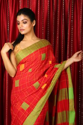 Red woven blended cotton saree with blouse 3