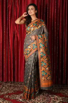 Grey printed blended cotton saree with blouse