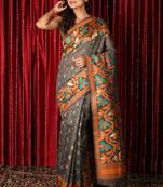 Grey printed blended cotton saree with blouse
