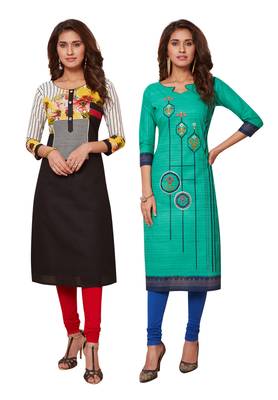 Women's Pack of 2 Cotton Printed Straight Fit Readymade Kurti combo 1