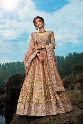 Brown sequins net semi stitched lehenga 1
