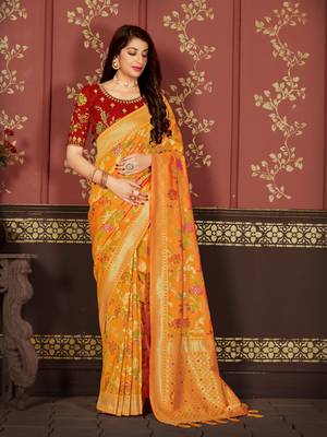 Yellow woven banarasi silk saree with blouse 1