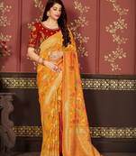Yellow woven banarasi silk saree with blouse