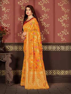 Yellow woven banarasi silk saree with blouse 2
