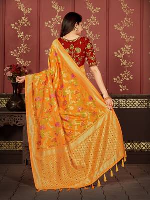 Yellow woven banarasi silk saree with blouse 3