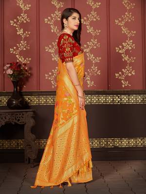 Yellow woven banarasi silk saree with blouse 4