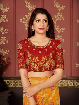 Yellow woven banarasi silk saree with blouse 5