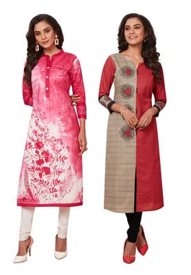Women's Pack of 2 Cotton Printed Straight Fit Readymade Kurti combo 1