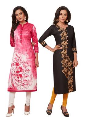 Women's Pack of 2 Cotton Printed Straight Fit Readymade Kurti combo 1