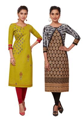 Women's Pack of 2 Cotton Printed Straight Fit Readymade Kurti combo 1