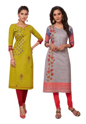 Women's Pack of 2 Cotton Printed Straight Fit Readymade Kurti combo 1