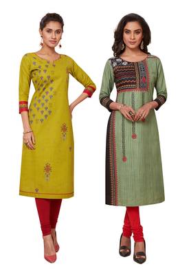 Women's Pack of 2 Cotton Printed Straight Fit Readymade Kurti combo 1