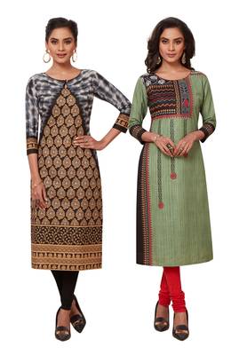 Women's Pack of 2 Cotton Printed Straight Fit Readymade Kurti combo 1