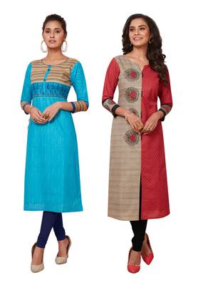 Women's Pack of 2 Cotton Printed Straight Fit Readymade Kurti combo 1