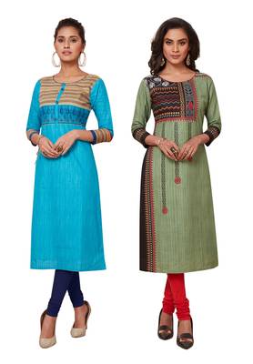 Women's Pack of 2 Cotton Printed Straight Fit Readymade Kurti combo 1