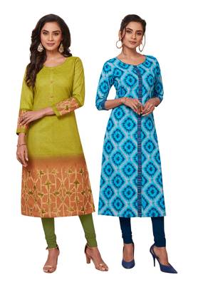 Women's Pack of 2 Cotton Printed Straight Fit Readymade Kurti combo 1