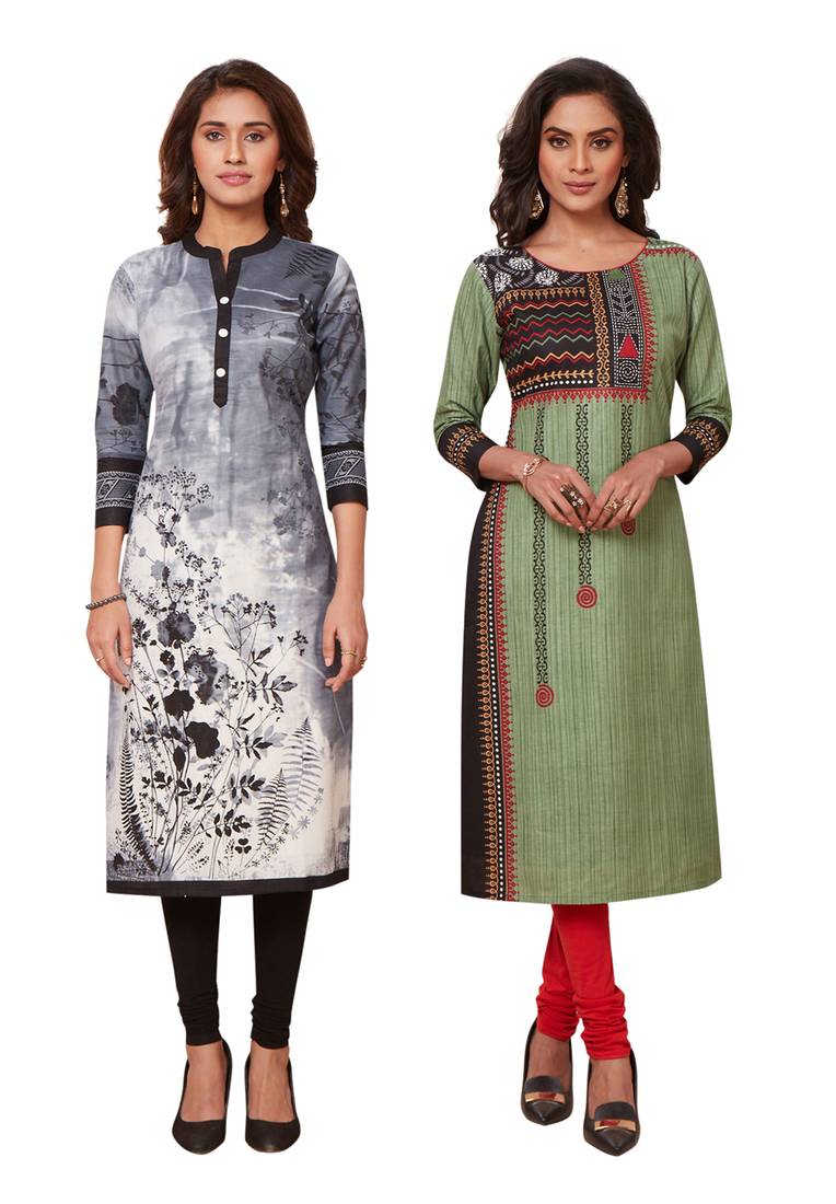 Women's Pack of 2 Cotton Printed Straight Fit Readymade Kurti combo