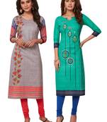 Women's Pack of 2 Cotton Printed Straight Fit Readymade Kurti combo