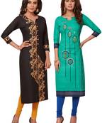 Women's Pack of 2 Cotton Printed Straight Fit Readymade Kurti combo