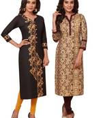 Women's Pack of 2 Cotton Printed Straight Fit Readymade Kurti combo