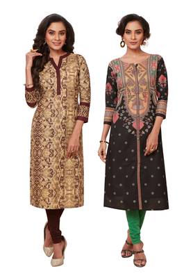 Women's Pack of 2 Cotton Printed Straight Fit Readymade Kurti combo 1