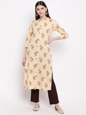 Women's  Beige Cotton  Floral Printed Straight Kurta Pant Set 1