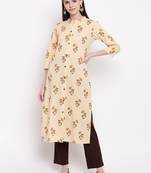 Women's  Beige Cotton  Floral Printed Straight Kurta Pant Set