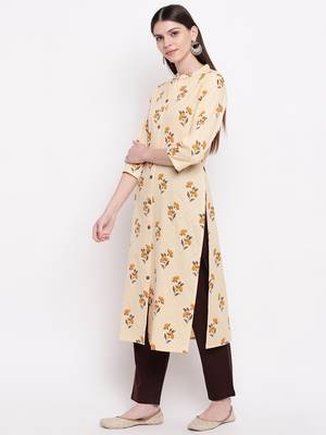 Women's  Beige Cotton  Floral Printed Straight Kurta Pant Set 2