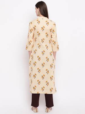 Women's  Beige Cotton  Floral Printed Straight Kurta Pant Set 3