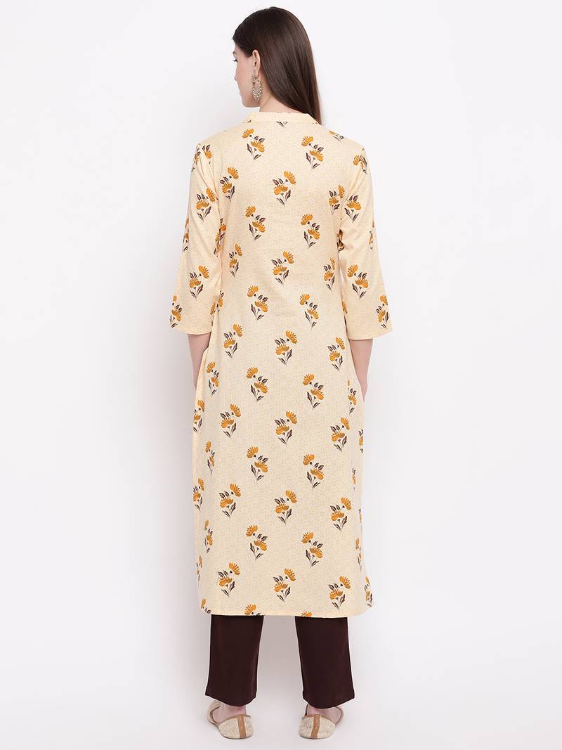 Women's  Beige Cotton  Floral Printed Straight Kurta Pant Set