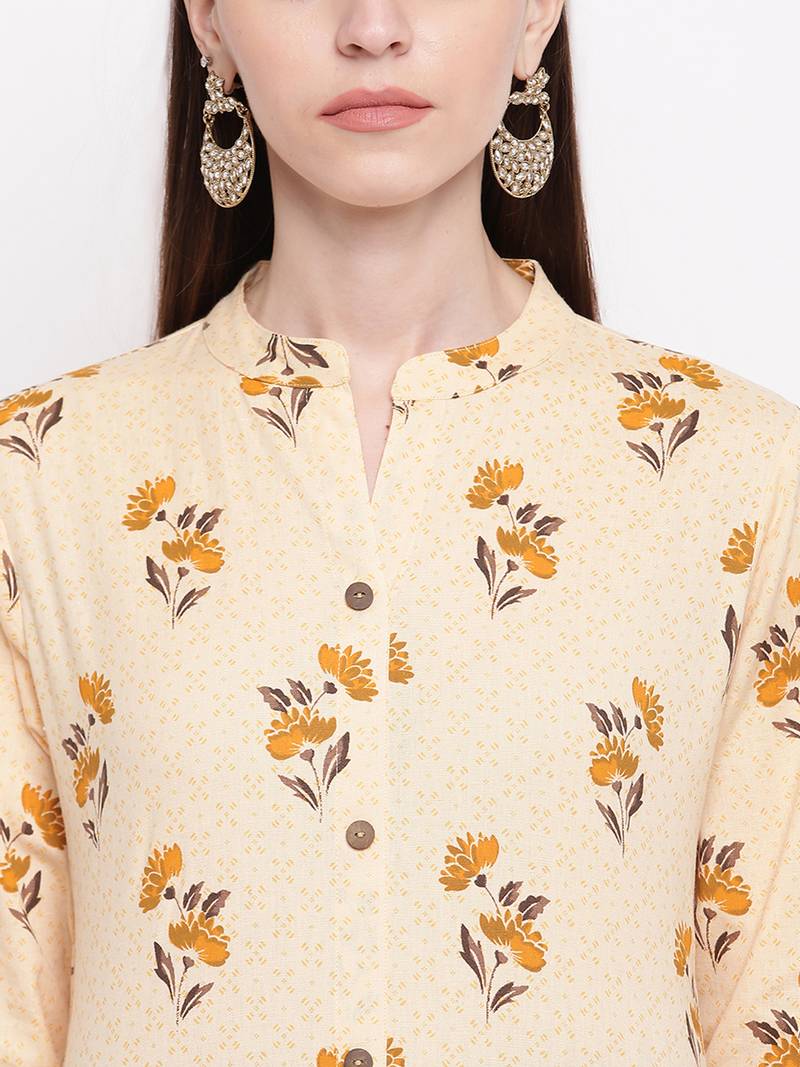 Women's  Beige Cotton  Floral Printed Straight Kurta Pant Set