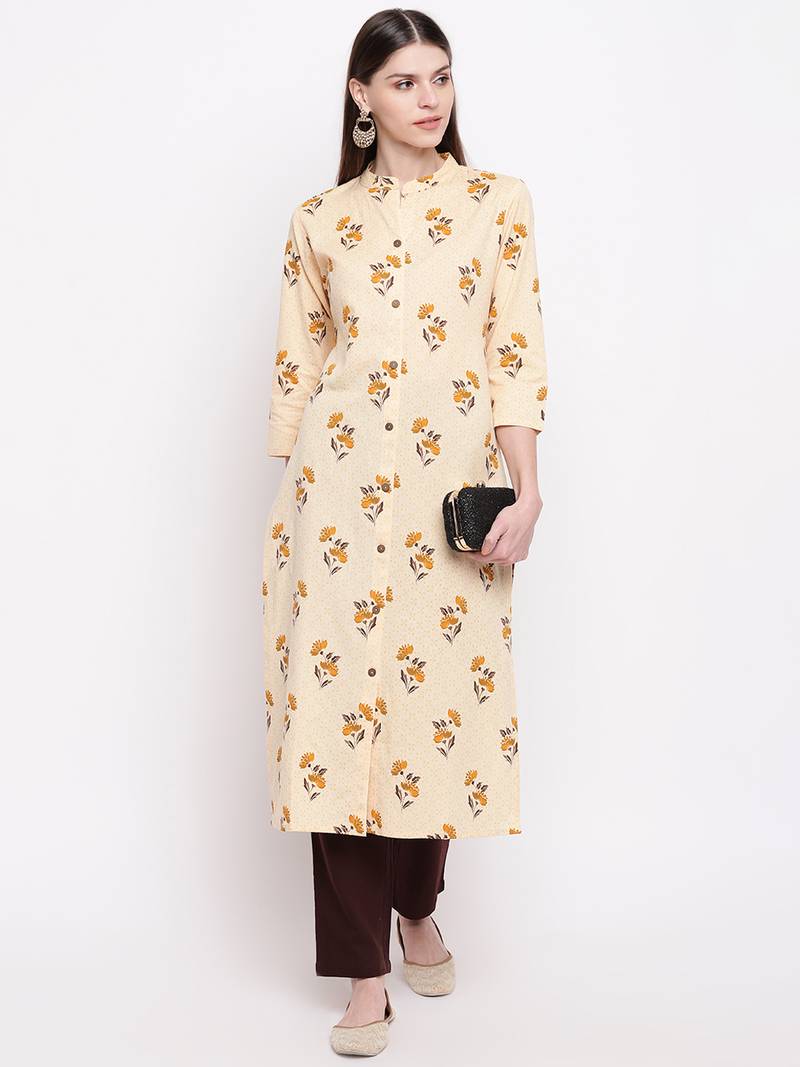 Women's  Beige Cotton  Floral Printed Straight Kurta Pant Set