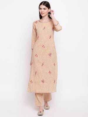 Women's  Beige Cotton Embroidered Straight Kurta Pant Set 1
