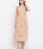 Women's  Beige Cotton Embroidered Straight Kurta Pant Set