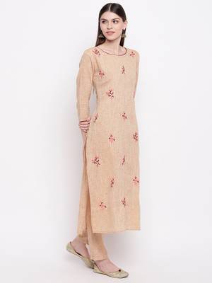 Women's  Beige Cotton Embroidered Straight Kurta Pant Set 2
