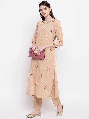 Women's  Beige Cotton Embroidered Straight Kurta Pant Set 3