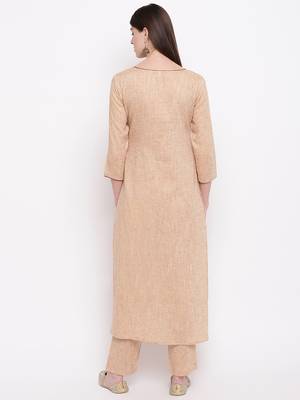 Women's  Beige Cotton Embroidered Straight Kurta Pant Set 4