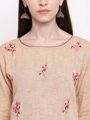 Women's  Beige Cotton Embroidered Straight Kurta Pant Set 5
