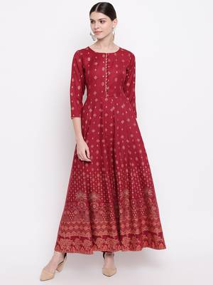 Women's  Maroon Rayon Floral Printed Anarkali Kurta Dress 1