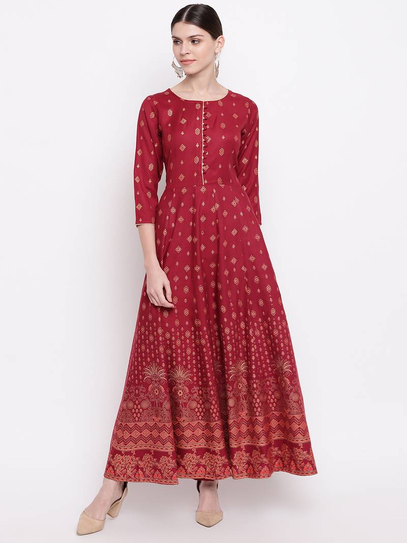 Women's  Maroon Rayon Floral Printed Anarkali Kurta Dress