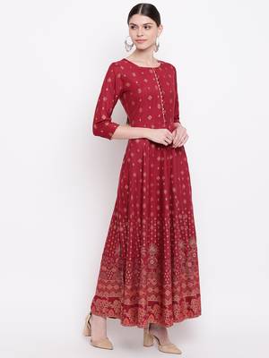 Women's  Maroon Rayon Floral Printed Anarkali Kurta Dress 2