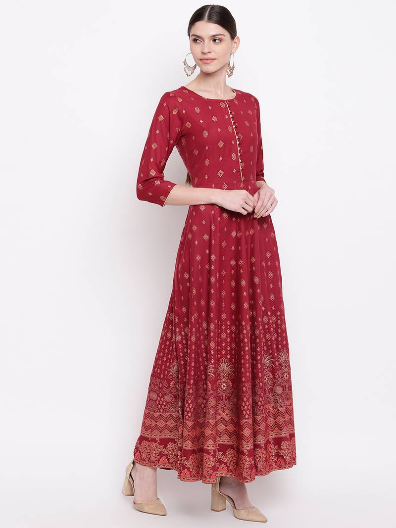 Women's  Maroon Rayon Floral Printed Anarkali Kurta Dress
