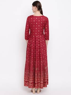 Women's  Maroon Rayon Floral Printed Anarkali Kurta Dress 3