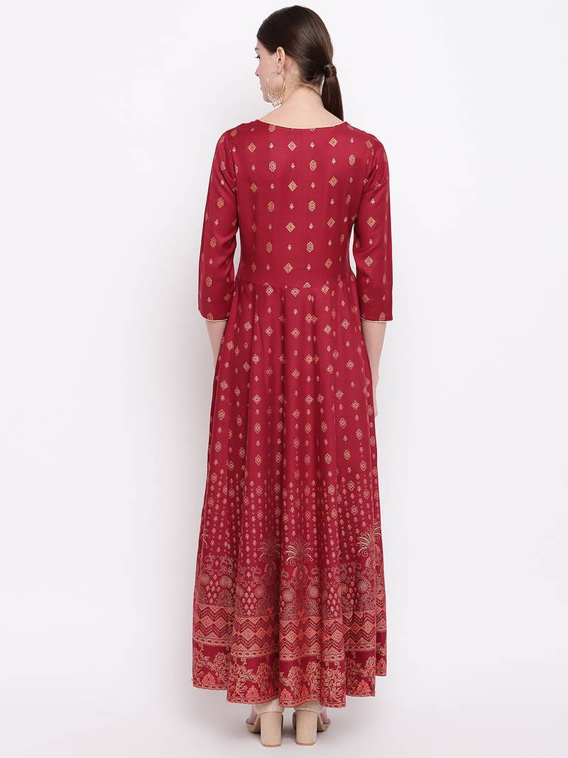 Women's  Maroon Rayon Floral Printed Anarkali Kurta Dress