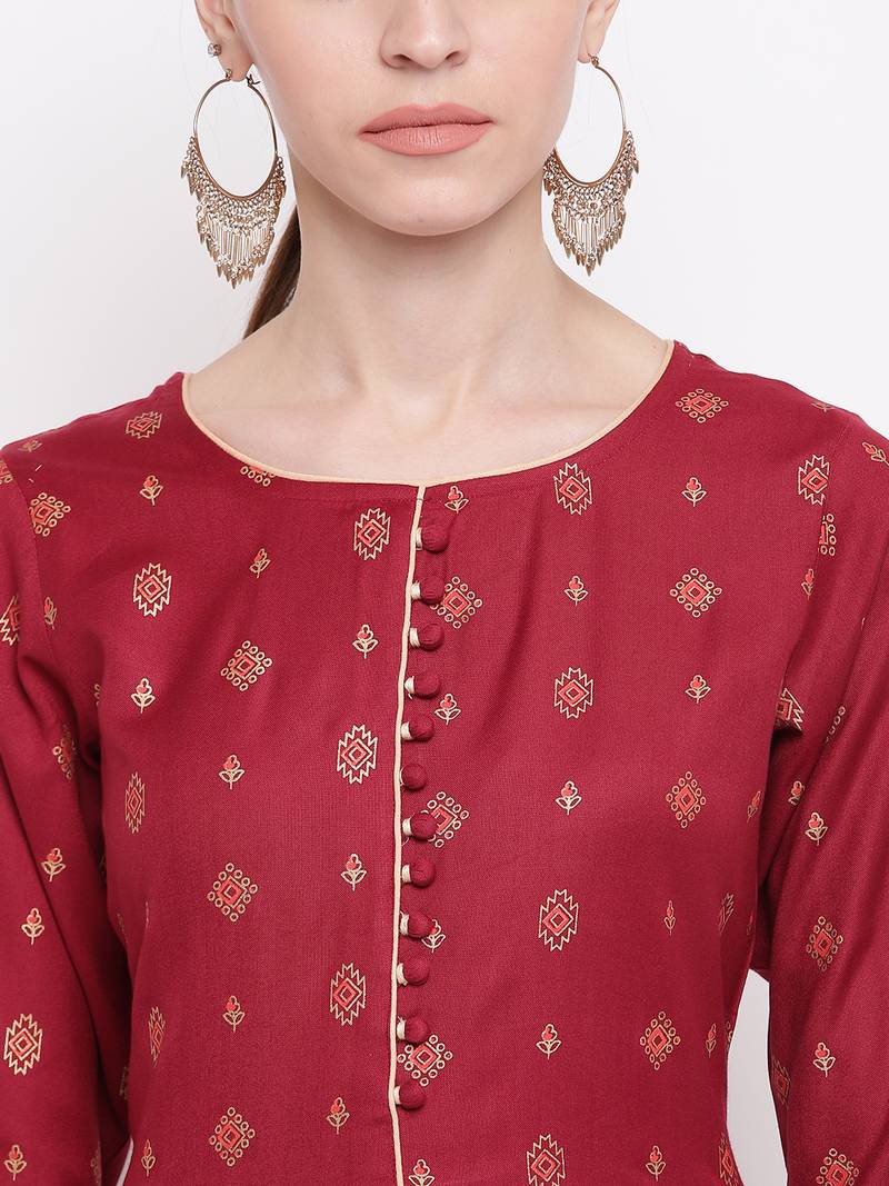 Women's  Maroon Rayon Floral Printed Anarkali Kurta Dress