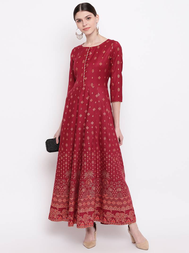 Women's  Maroon Rayon Floral Printed Anarkali Kurta Dress