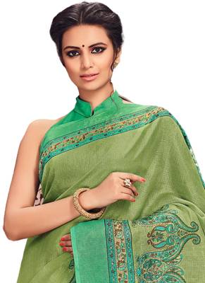 Green printed Kota Cotton saree with blouse 2