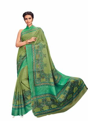 Green printed Kota Cotton saree with blouse 4