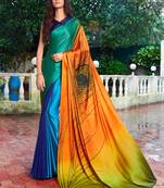 Blue printed Satin saree with blouse